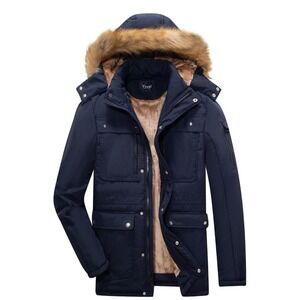 Yozai Men's Winter Coat Jacket Navy Blue  Faux Fur Lining Hood Medium